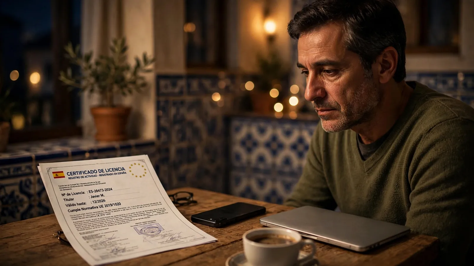 Hombre español revisando documentos de licencia antes de jugar en casino online