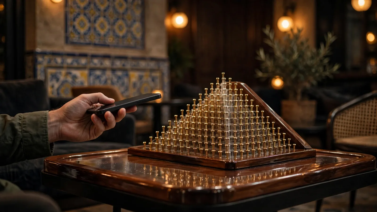 Mano con smartphone junto a tablero Plinko en salón español