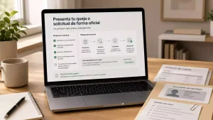 Mesa con documentos ordenados para distinguir reclamación, pago no autorizado y suplantación de identidad